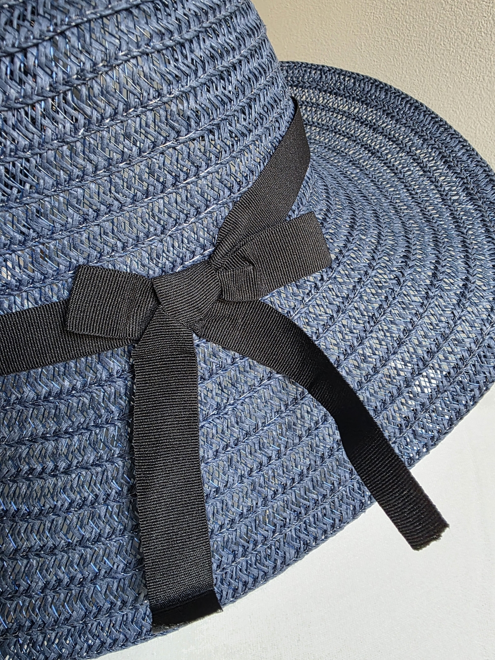 Women’s Navy Blue Wide Brim Woven Sun Hat Black Ribbon Bow Floppy Beach Hat